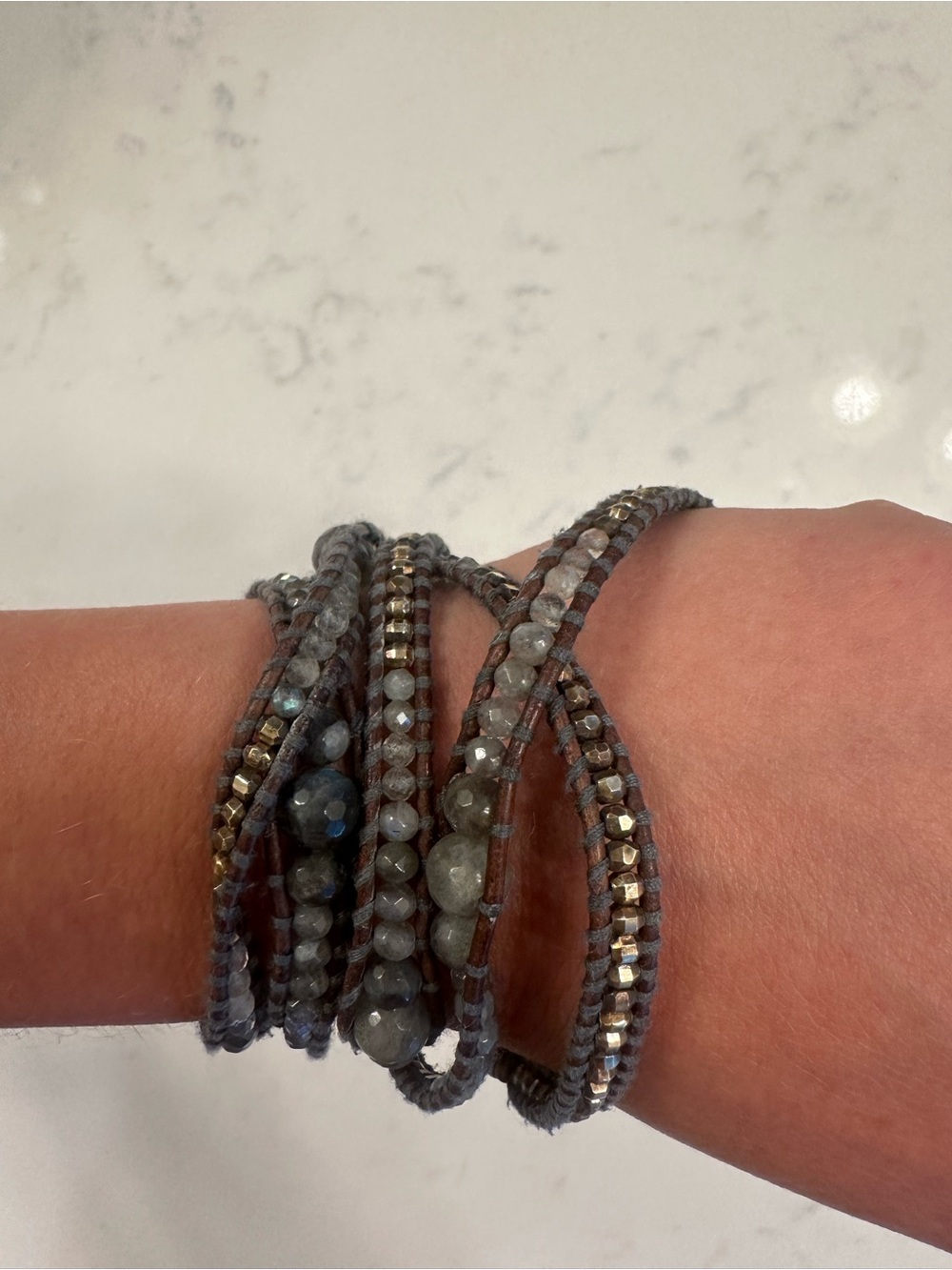 Chan Luu Brown Leather Wrap Bracelet with Gunmetal Beads
